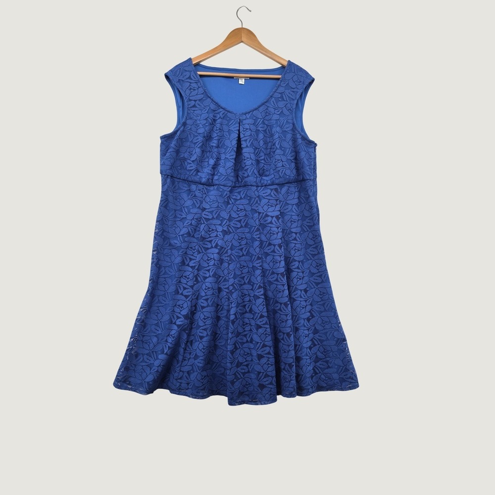 London Times Royal Blue Floral Lace Fit Flare Dress Plus Size 18W Sleeveless
